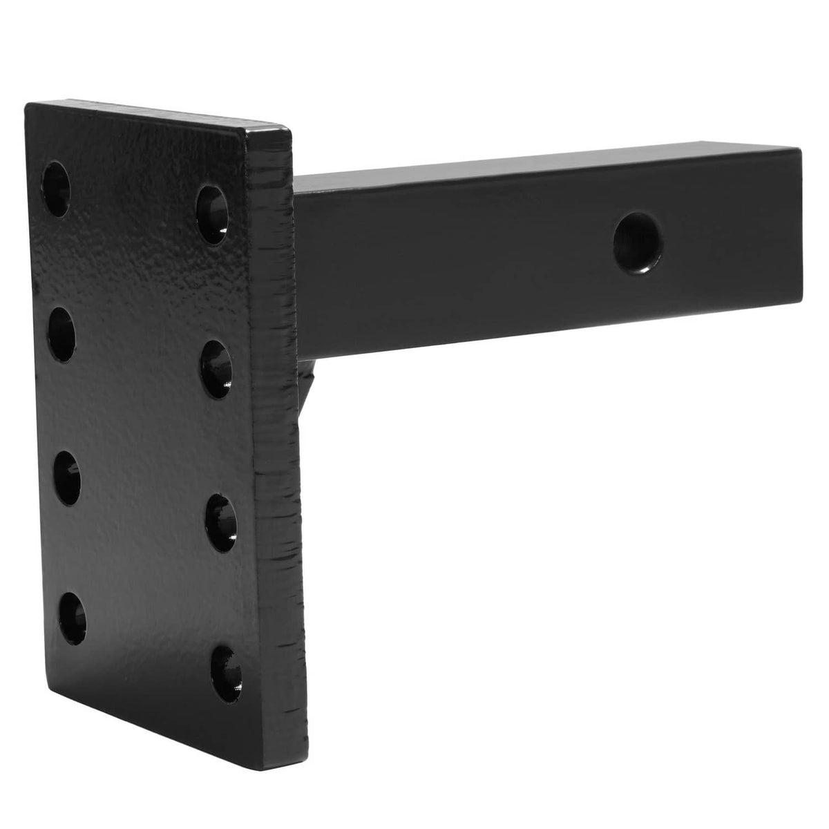 Black steel hitch hook mounting plate with eight bolt holes and 3-position arm