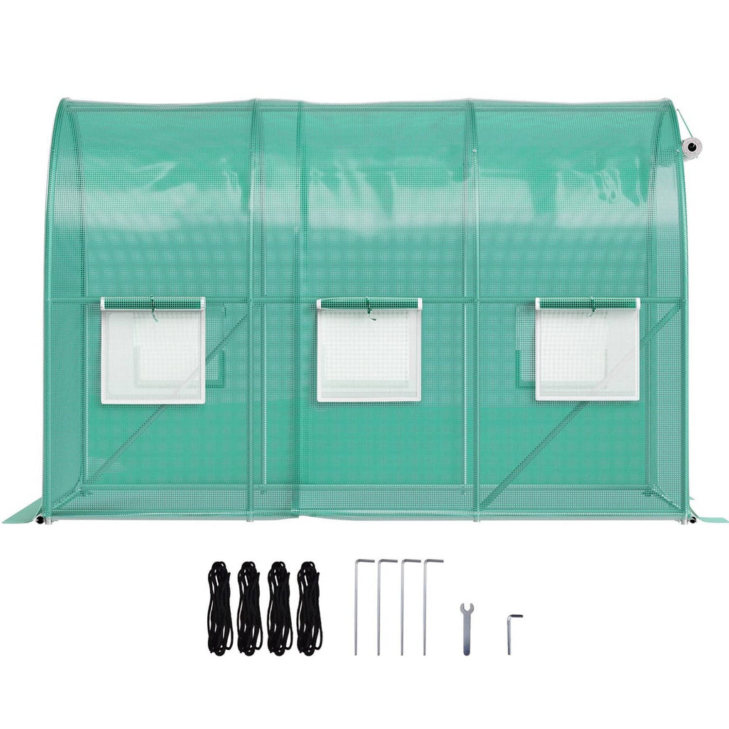 Green tunnel greenhouse front with three zippered side panels and accessory hardware pieces