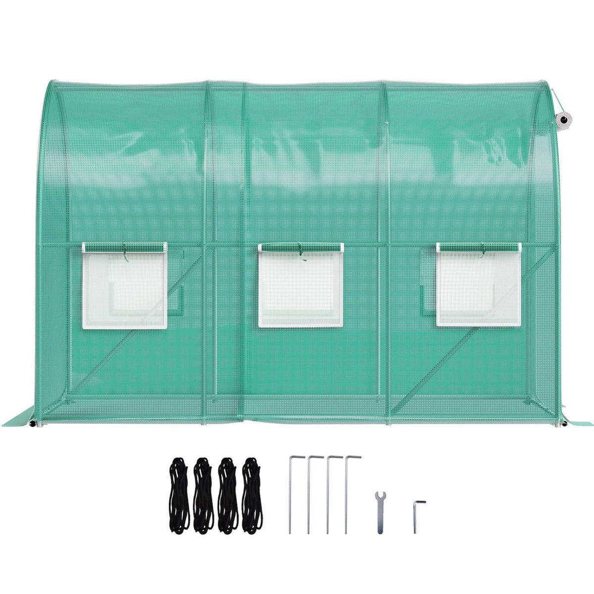 Green tunnel greenhouse front with three zippered side panels and accessory hardware pieces