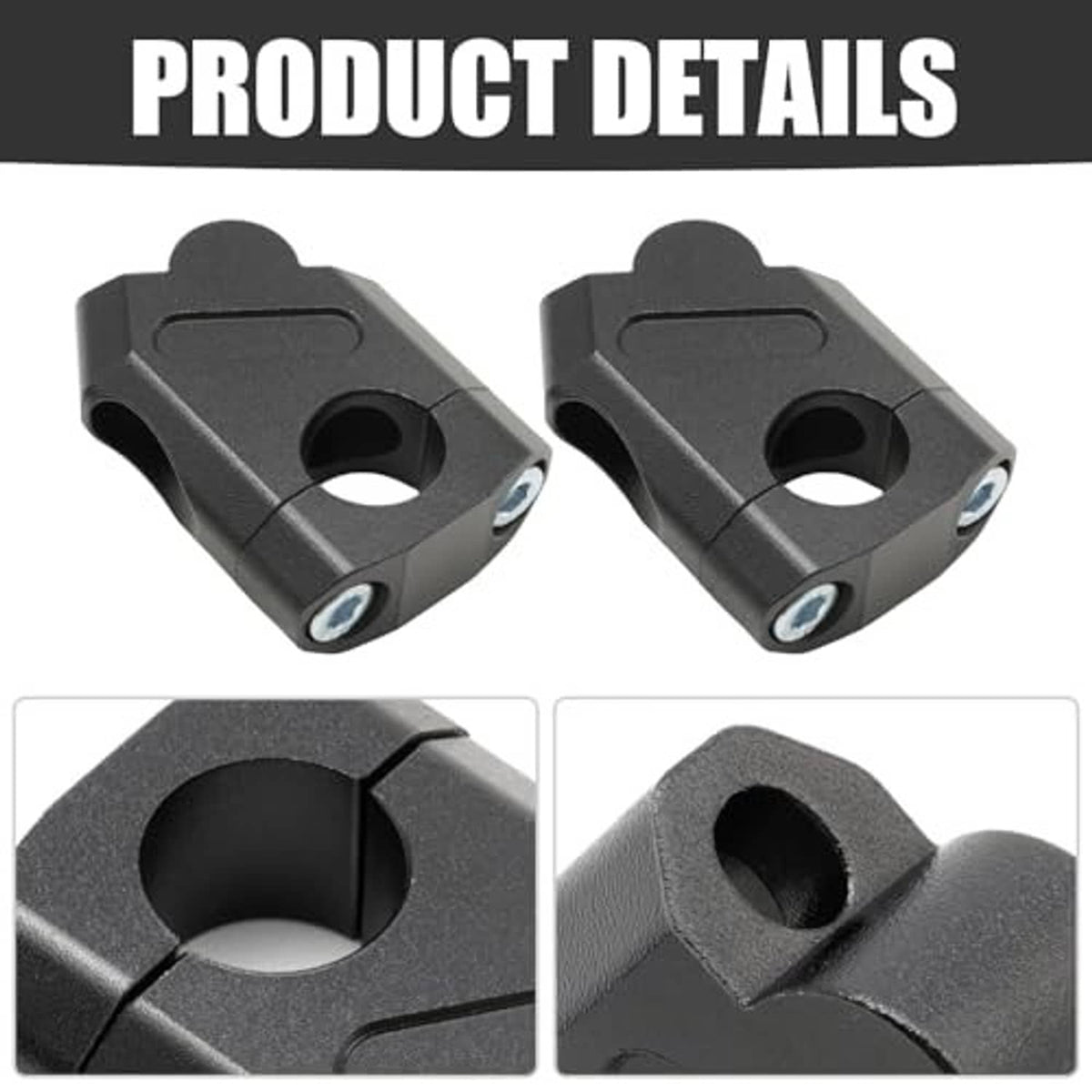 Black bar riser clamp details, center bore and textured mounting surface