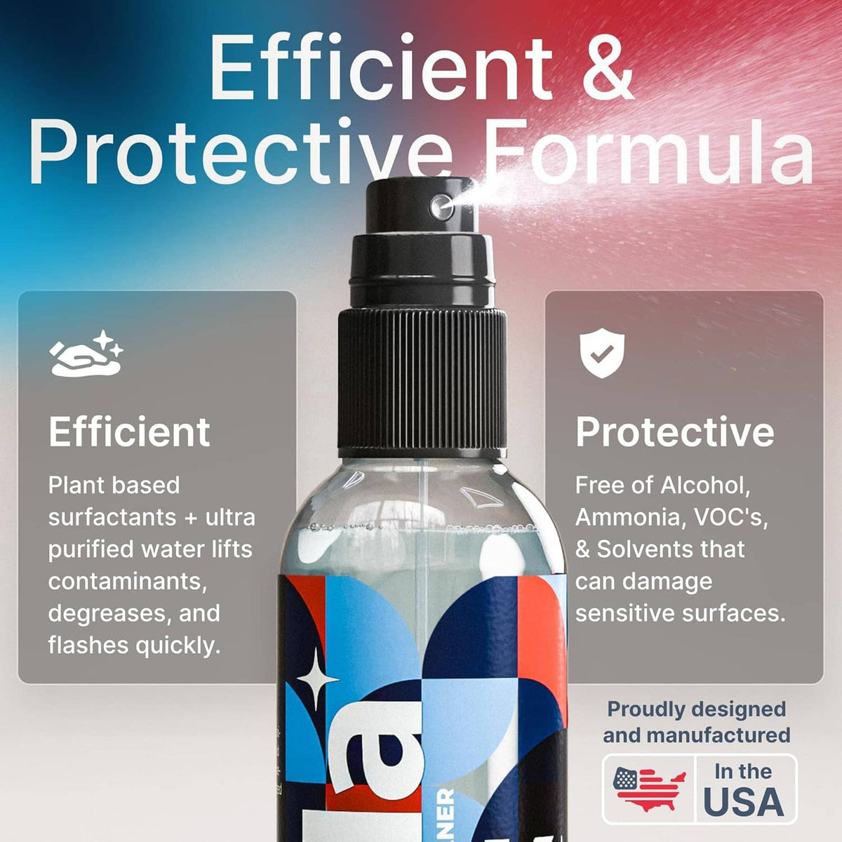Clear lens cleaner spray bottle with black ribbed sprayer and Koala label.