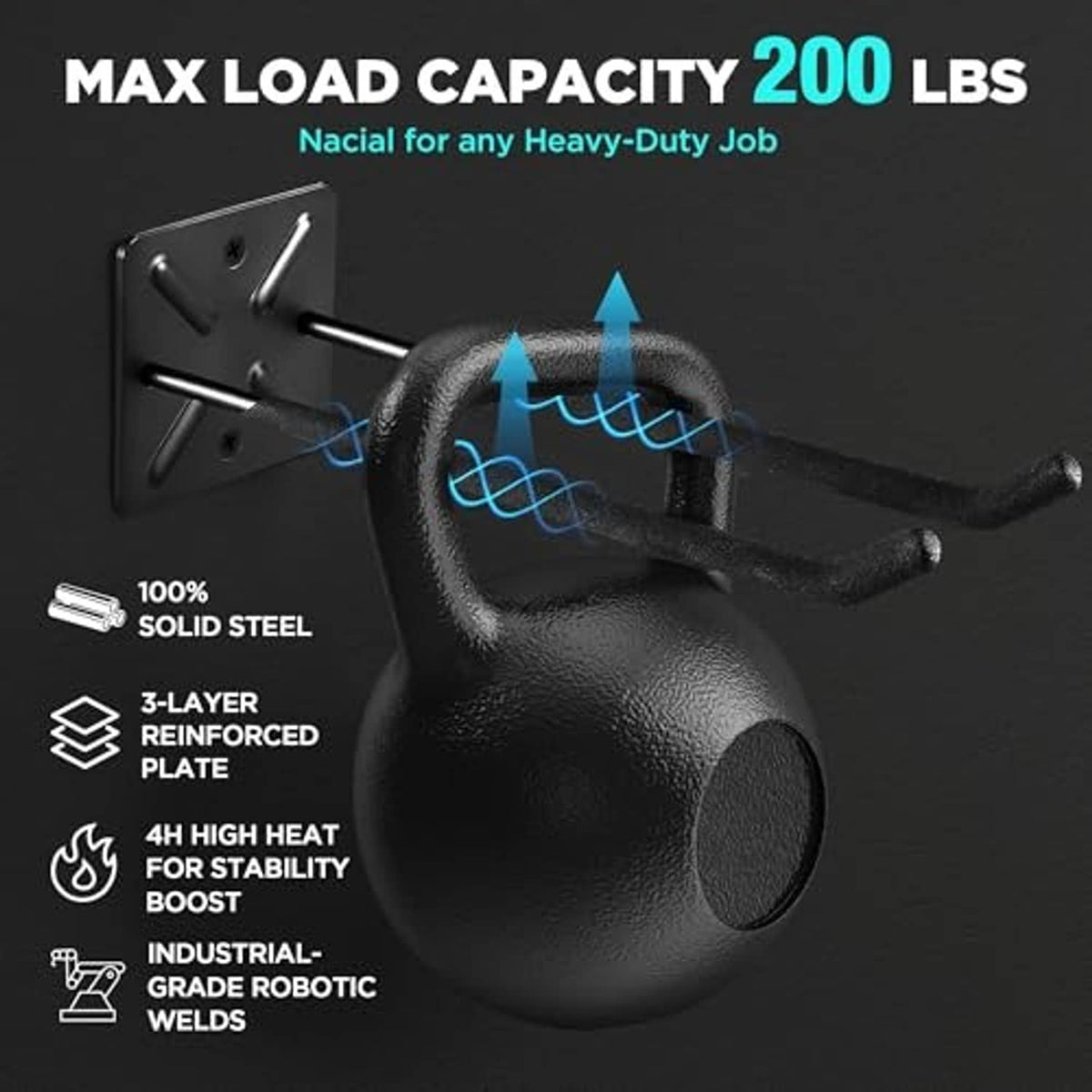 Black wall mount hooks with rubber grips on the curved hanging bars