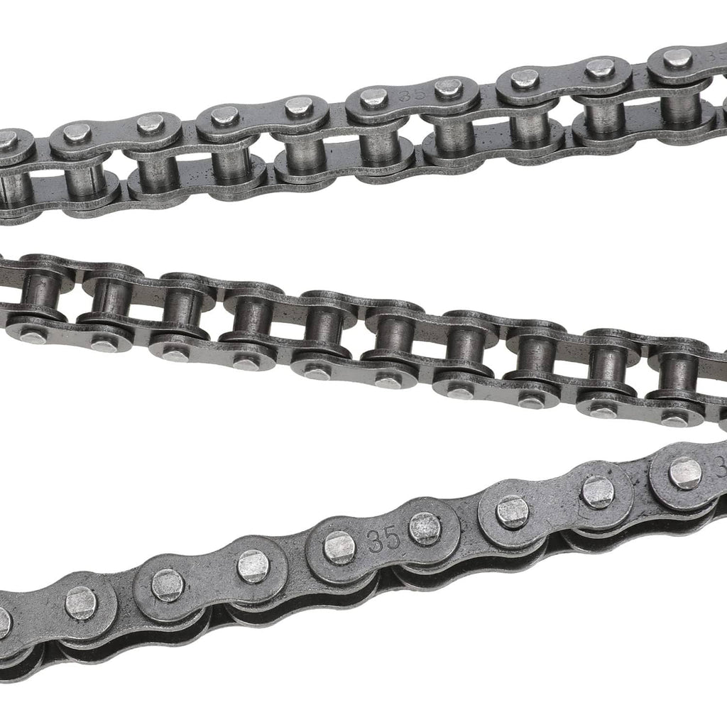 Long #35 roller chain with stamped side plates and inner rollers