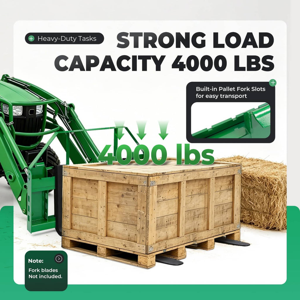 Green pallet fork frame lifting a wooden crate with fork blades for heavy loads