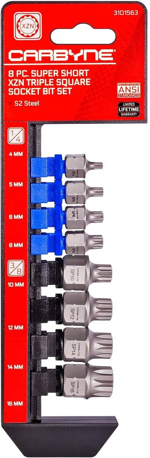 CARBYNE XZN triple-square socket bit set packaging close-up with blue bits and sizes