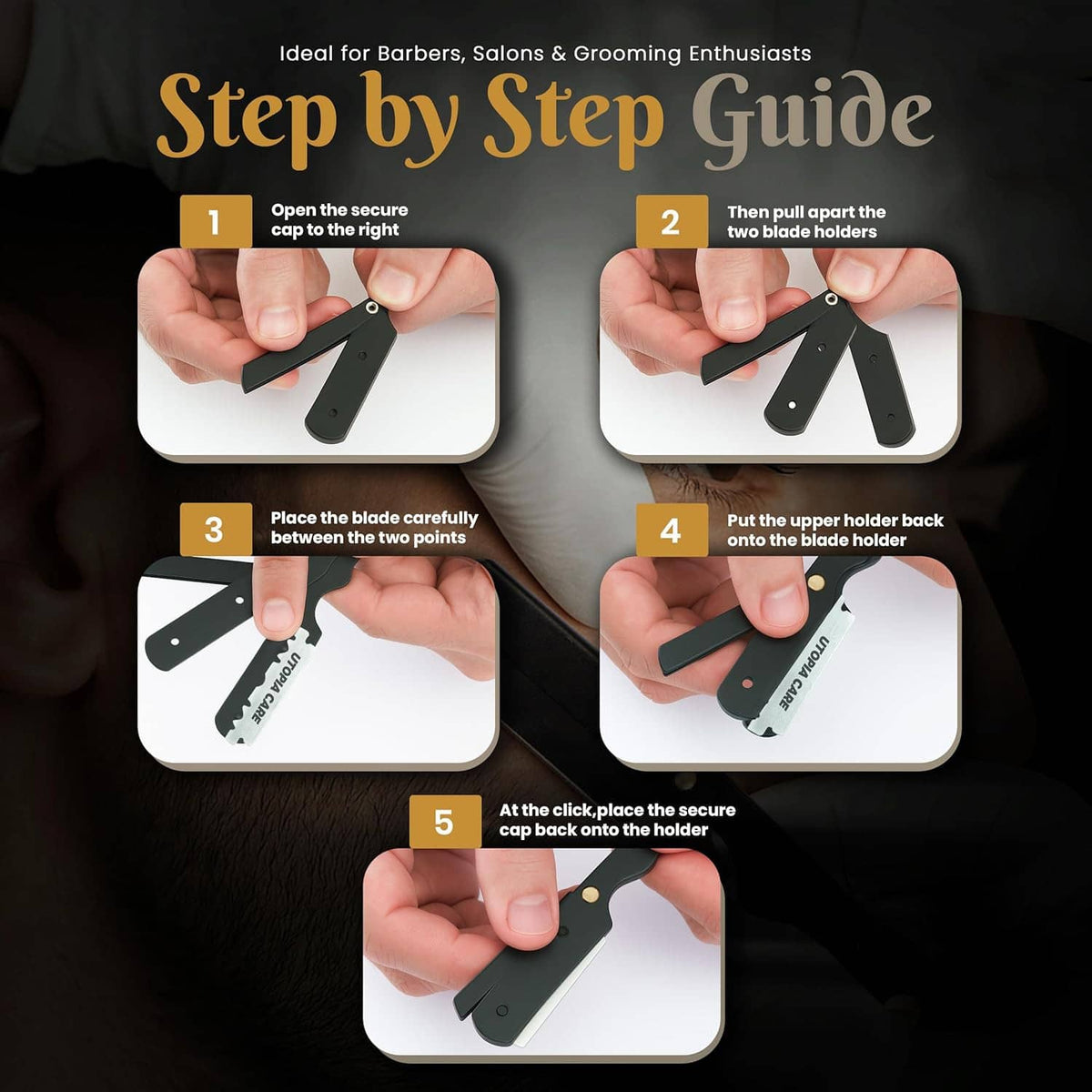 Black straight razor with safety cap and holder shown in step-by-step guide layout.