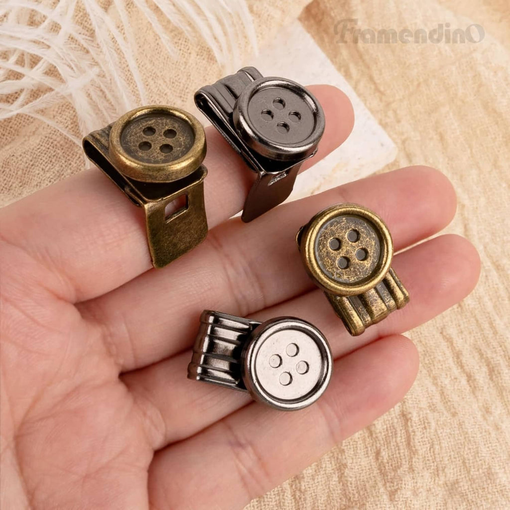 Metal no-sew suspender end clips with round button plates, mixed bronze and silver