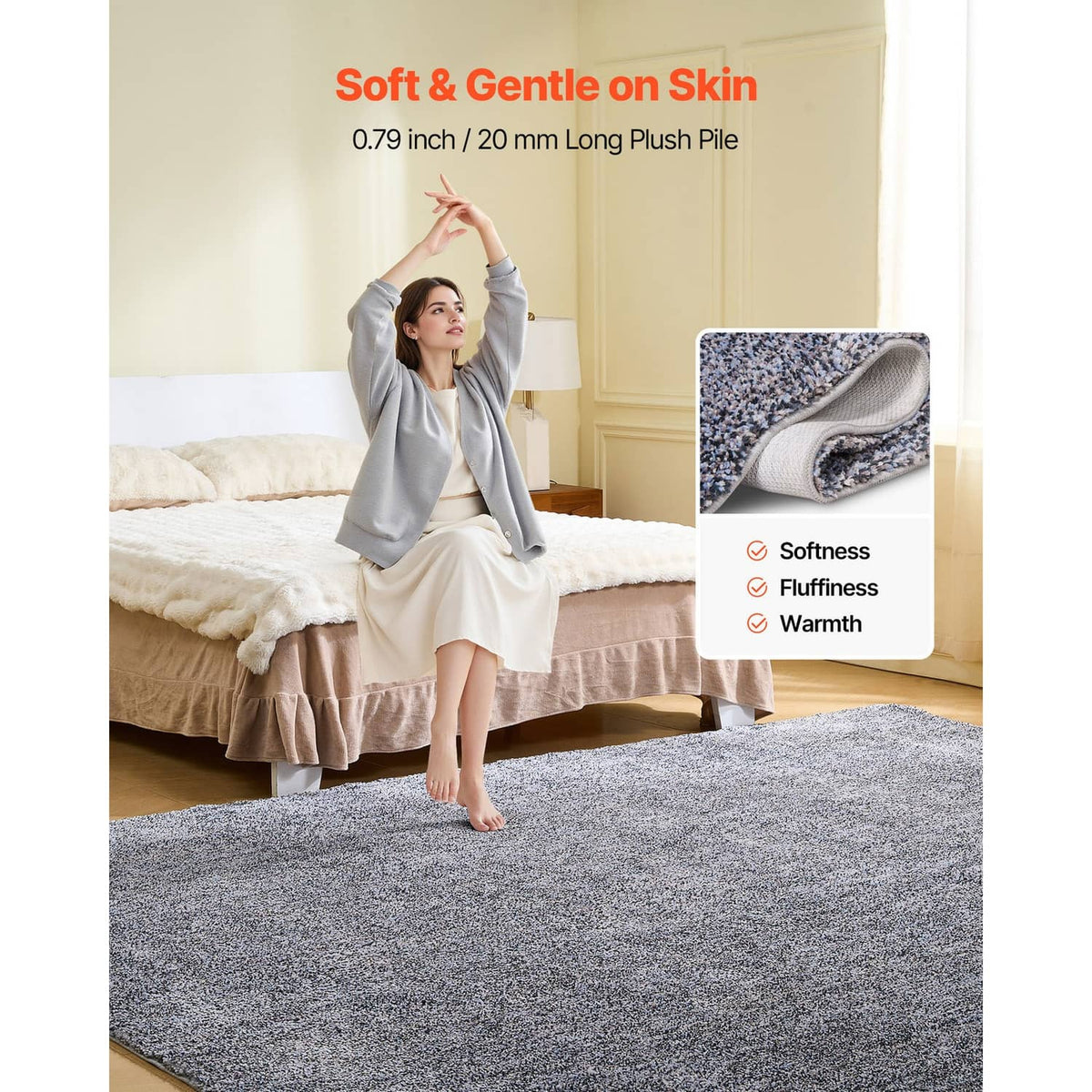 Gray plush area rug with long-pile look, soft and fluffy texture