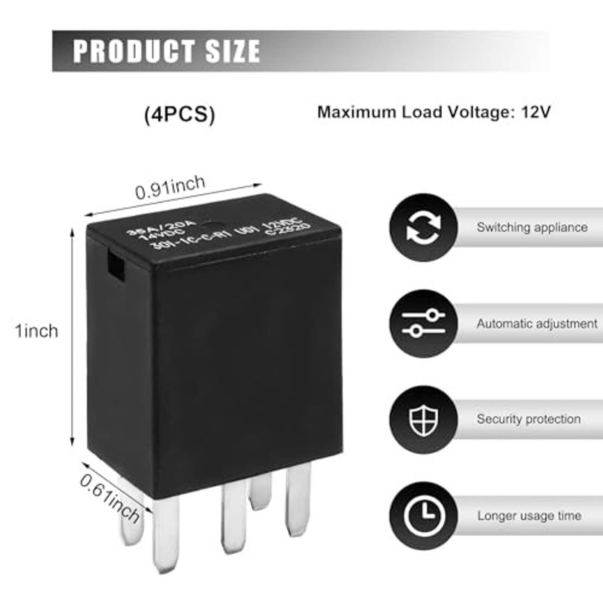 Black five-pin automotive relay with top label, single unit with metal pin legs