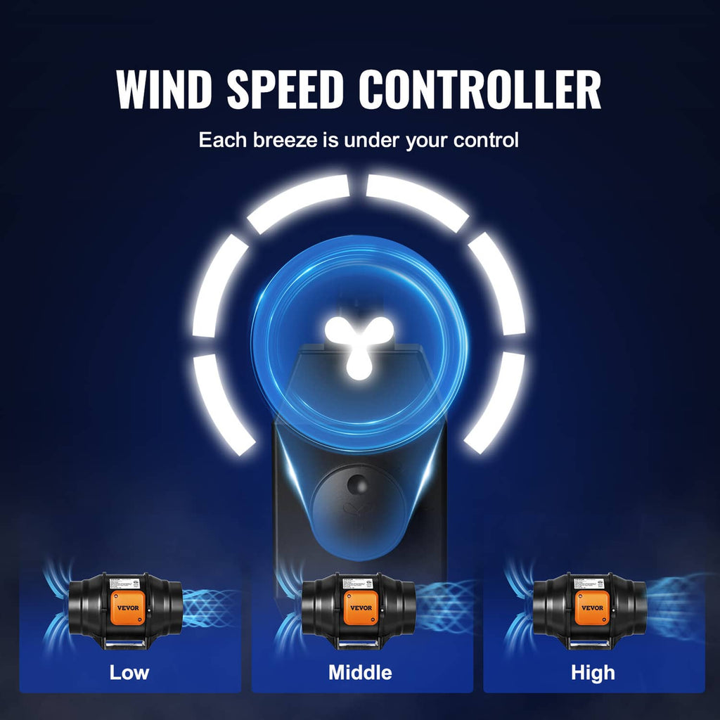 Inline duct fan speed controller with dial for low, middle, and high settings