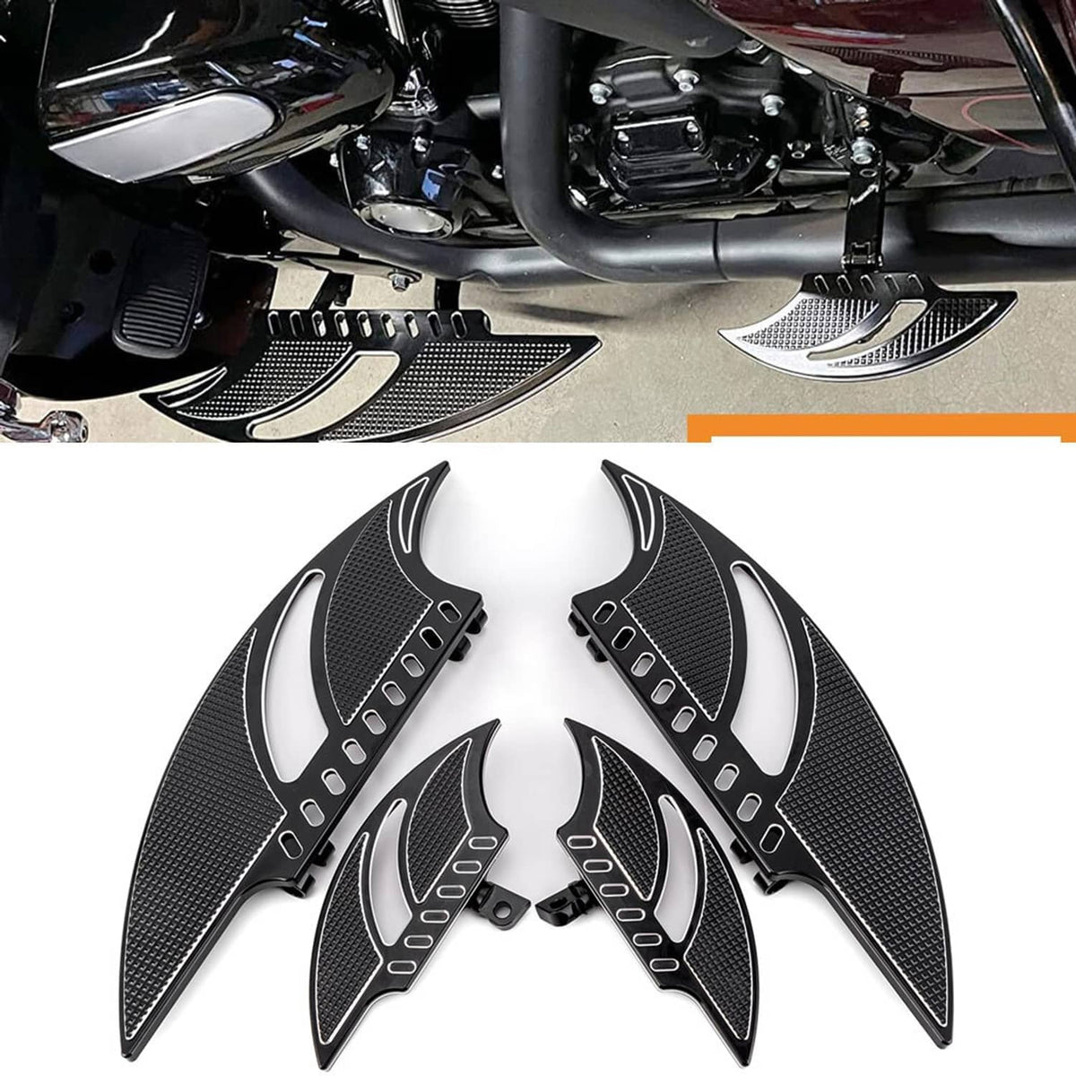 Driver and passenger floorboard set with black textured surfaces and silver curved inlays