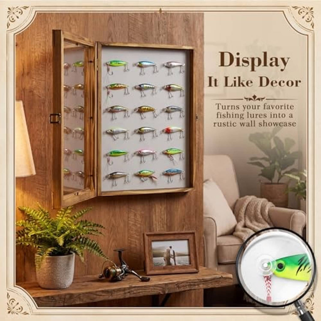 Wall-mounted rustic wood lure display cabinet with clear acrylic front