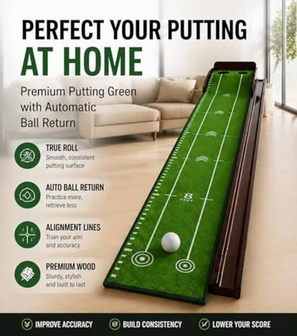 Indoor putting mat with automatic ball return, green surface with alignment lines and cup marks