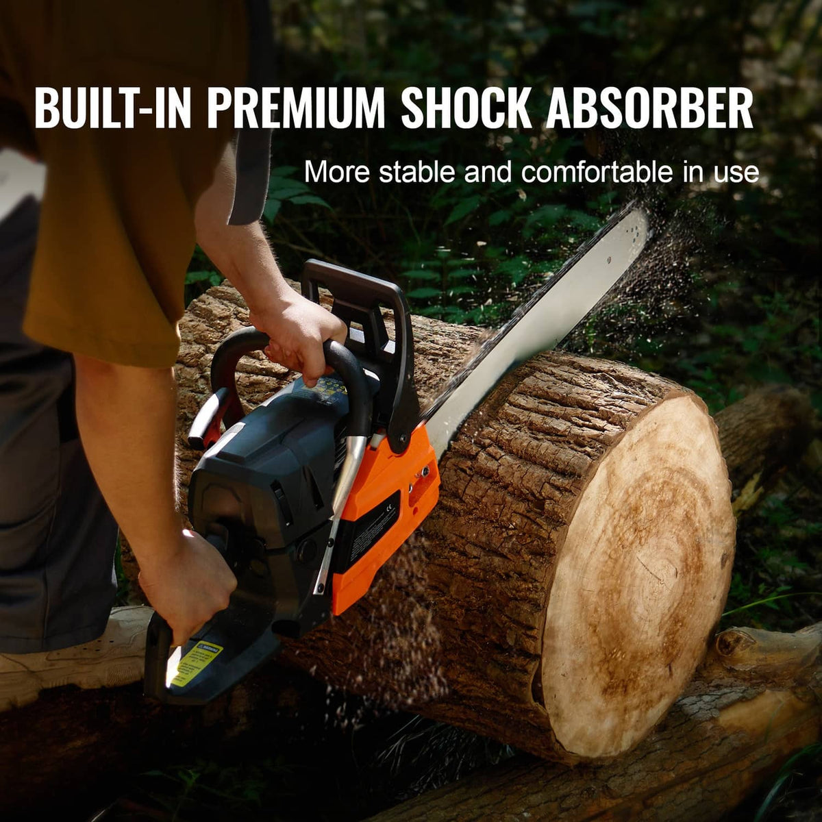 Orange and black gasoline chainsaw with front handle cutting logs