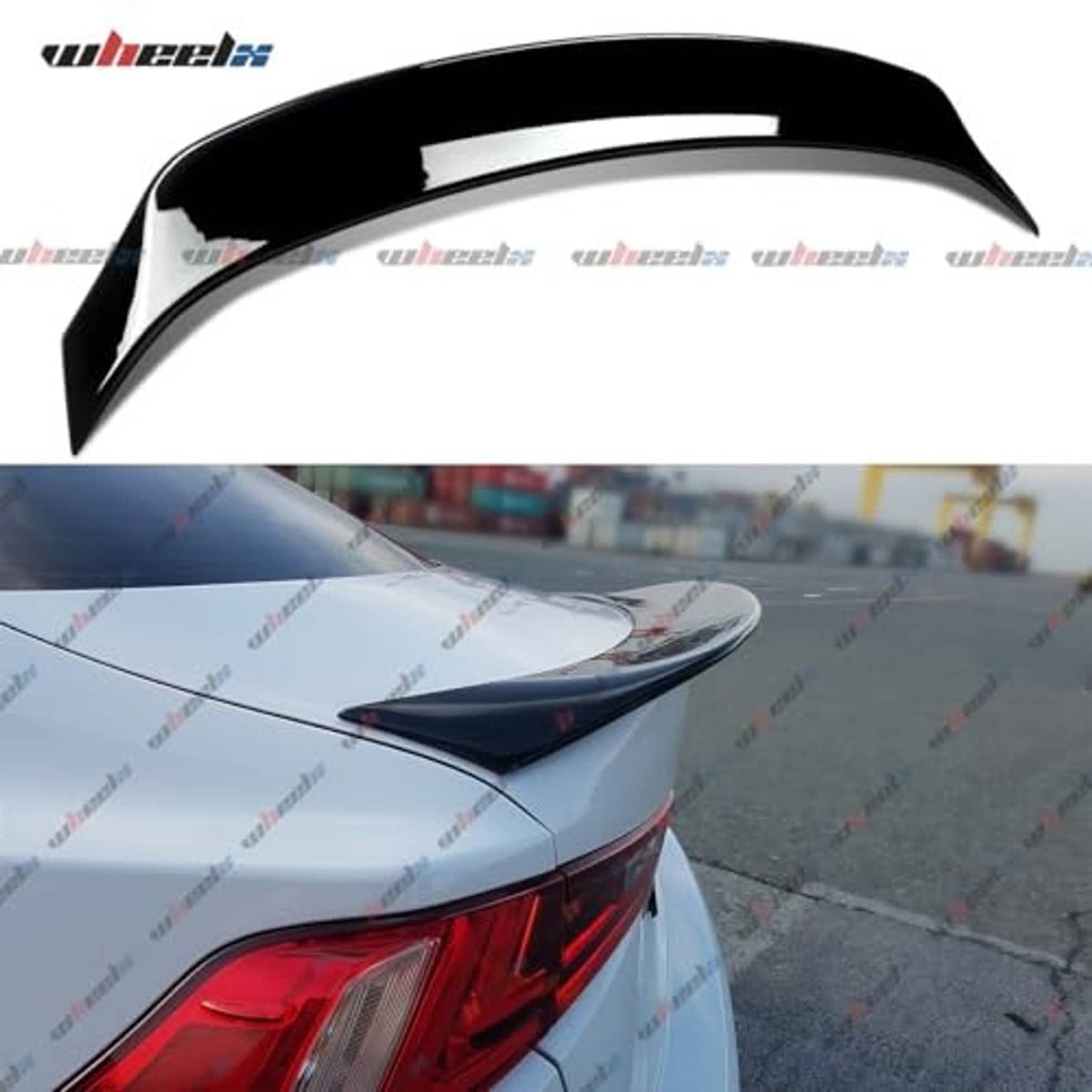 Gloss black rear duckbill spoiler close-up on car trunk