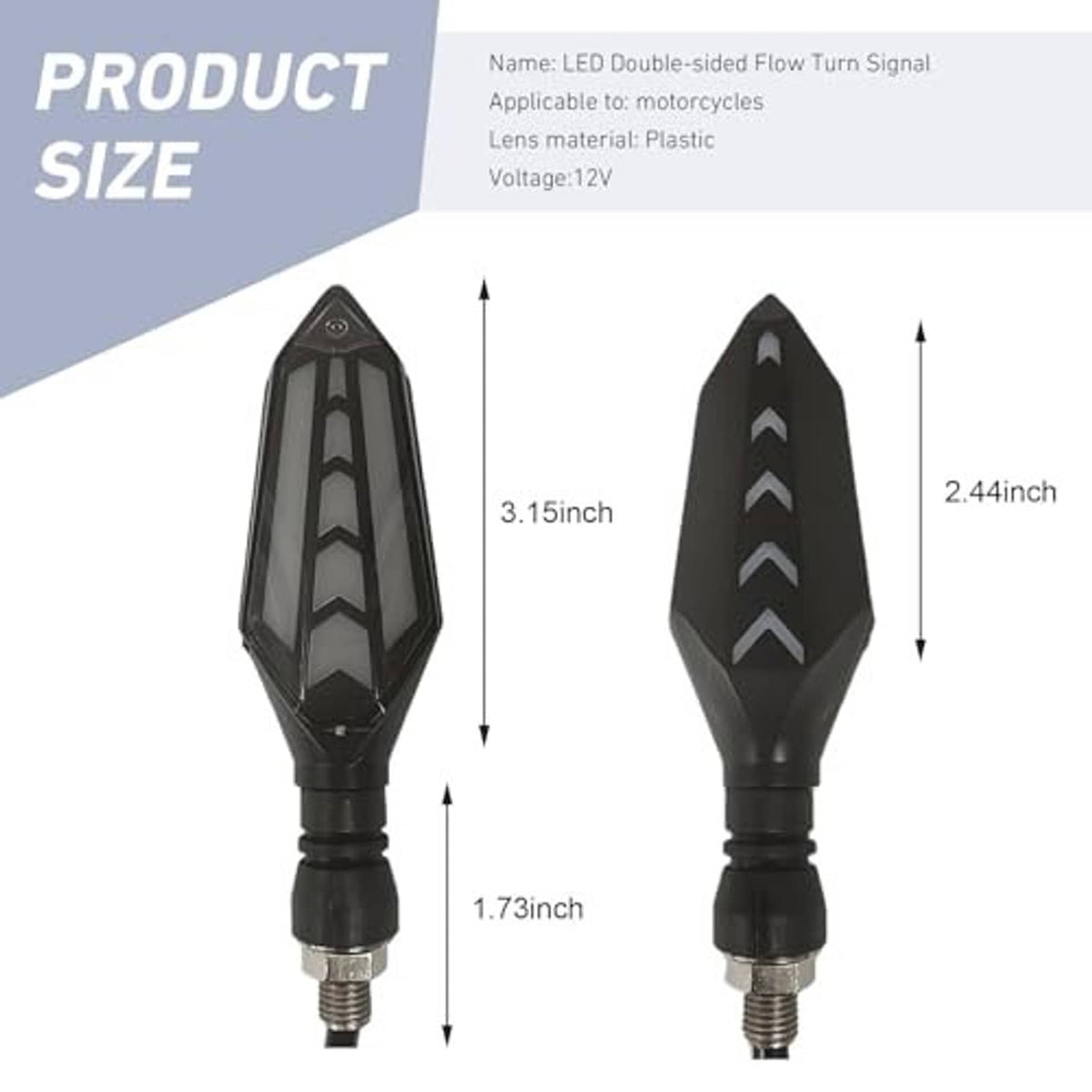 Motorcycle LED turn signal light, black double-sided arrow-shaped housing with clear lens