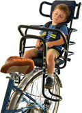 Rear child bike seat with adjustable headrest, brown cushion and footrest pedals