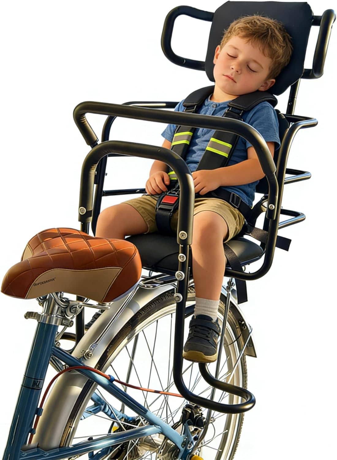 Rear child bike seat with adjustable headrest, brown cushion and footrest pedals