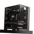 Black ATX gaming PC case with tempered glass side panel and visible cooling fans