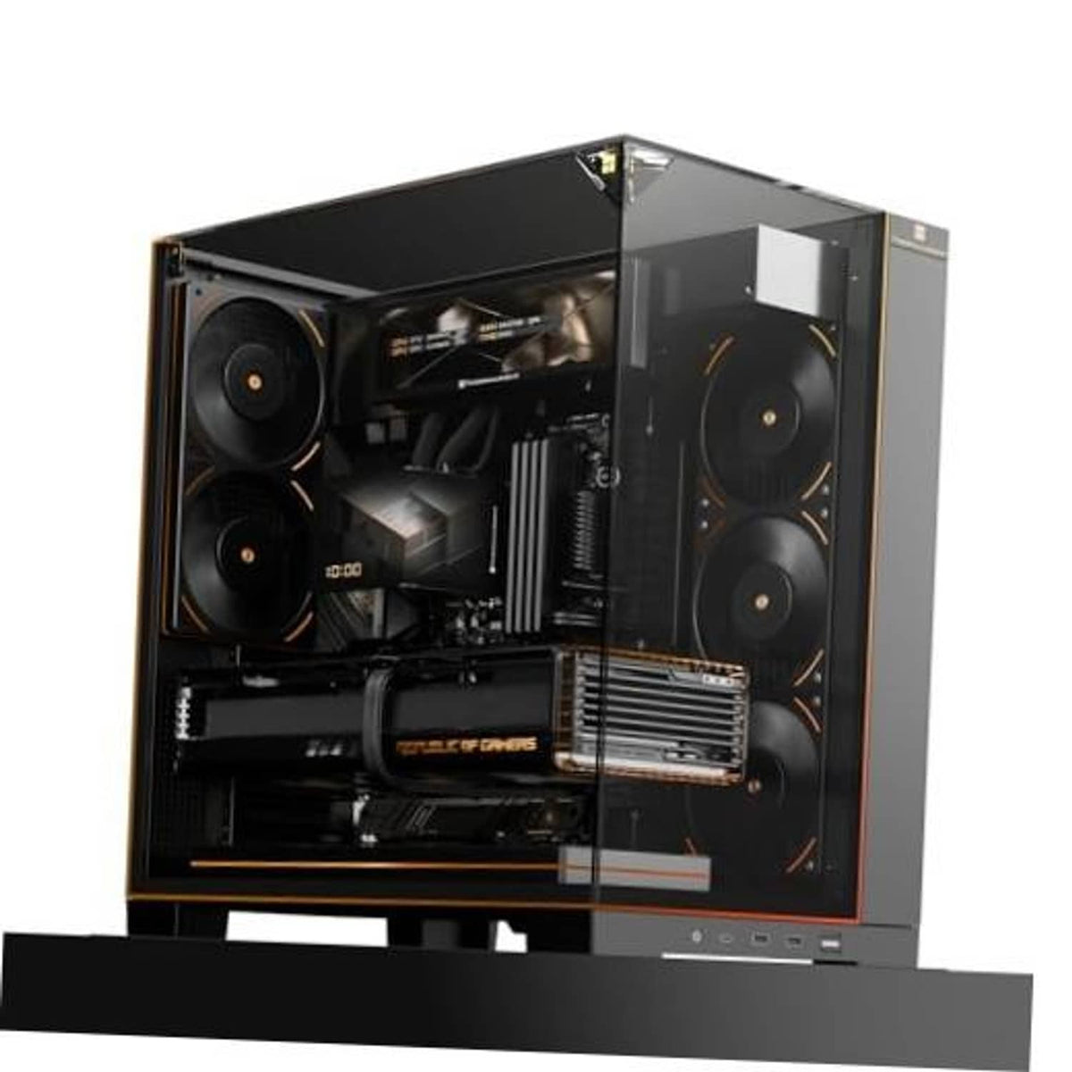 Black ATX gaming PC case with tempered glass side panel and visible cooling fans