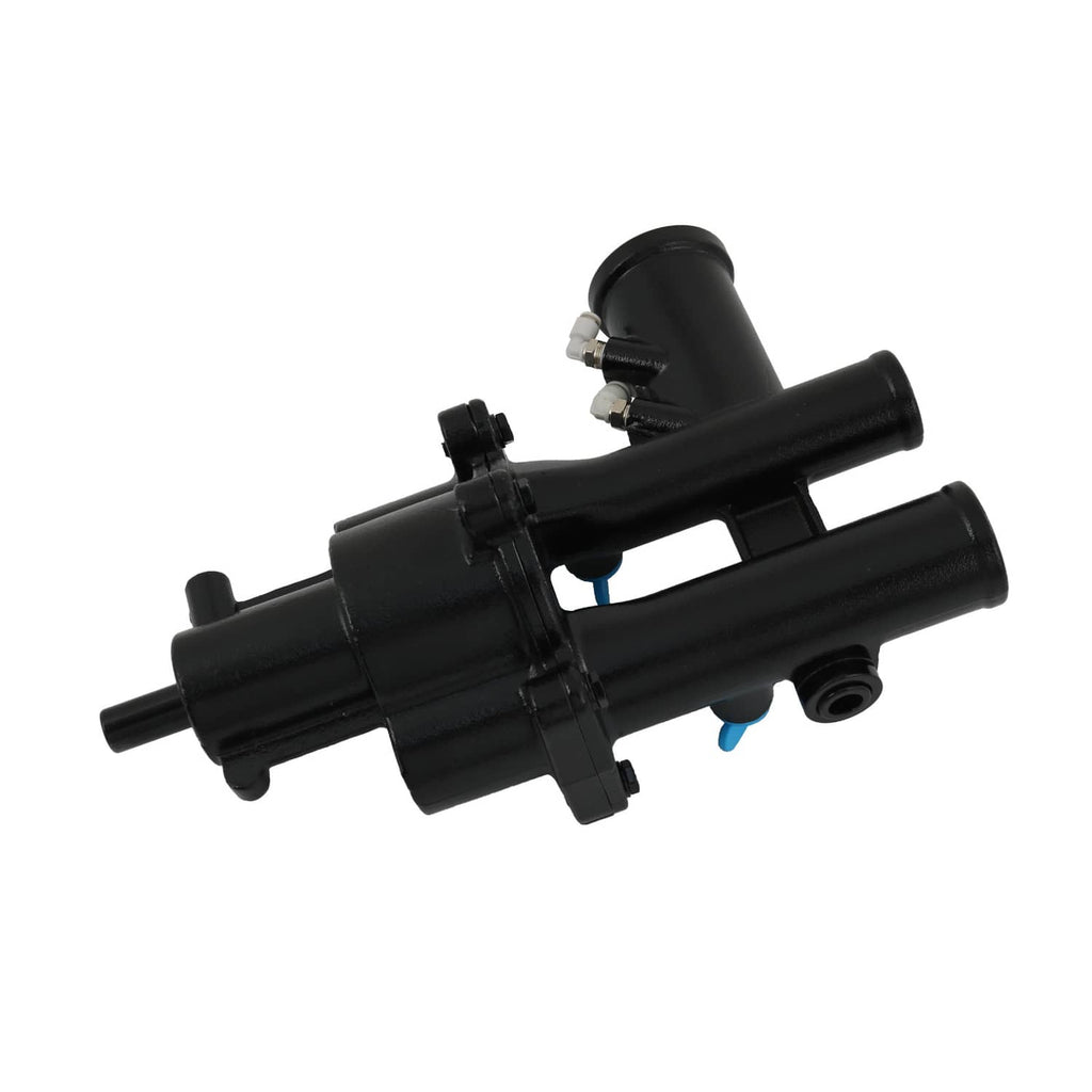 Black sea water pump assembly with blue-tinged seal and side mounting ports