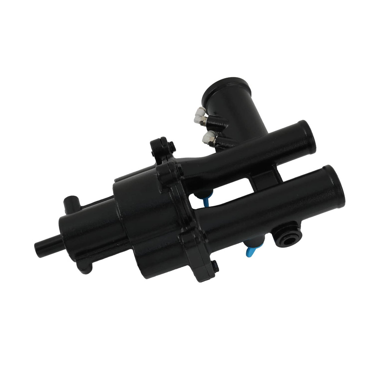 Black sea water pump assembly with blue-tinged seal and side mounting ports