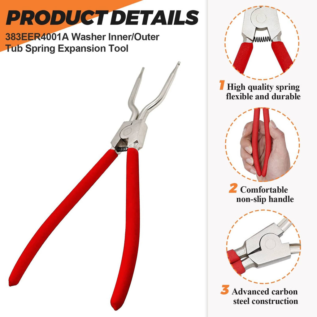Washer tub spring clamp tool with red handles and silver gripping jaws
