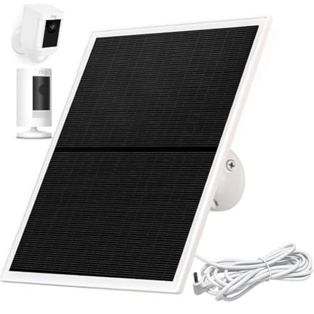 White solar panel charger with black solar panel and cable on right side