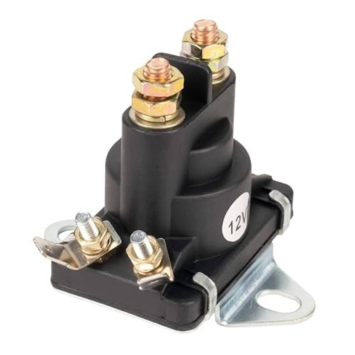 Black 12V solenoid relay with copper terminals and silver mounting plate