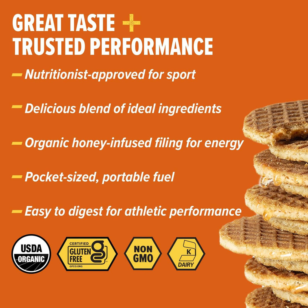 Salted caramel gluten-free energy waffle package with icons and stacked waffle