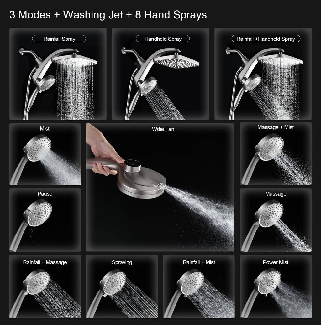 Shower system with rainhead and handheld, 3 modes plus washing jet, 8 hand sprays