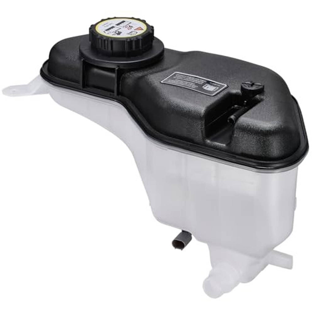 Engine coolant reservoir tank with black top cover, white translucent reservoir and outlet nipple