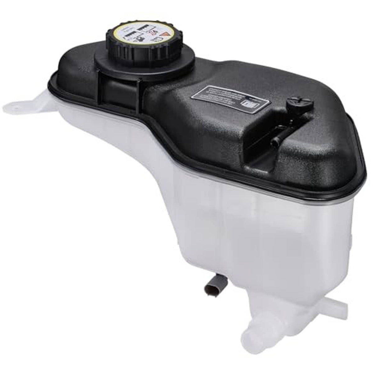 Engine coolant reservoir tank with black top cover, white translucent reservoir and outlet nipple