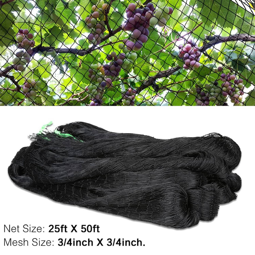 Folded black nylon bird netting, 25 ft x 50 ft, 3/4 in mesh with fine square weave