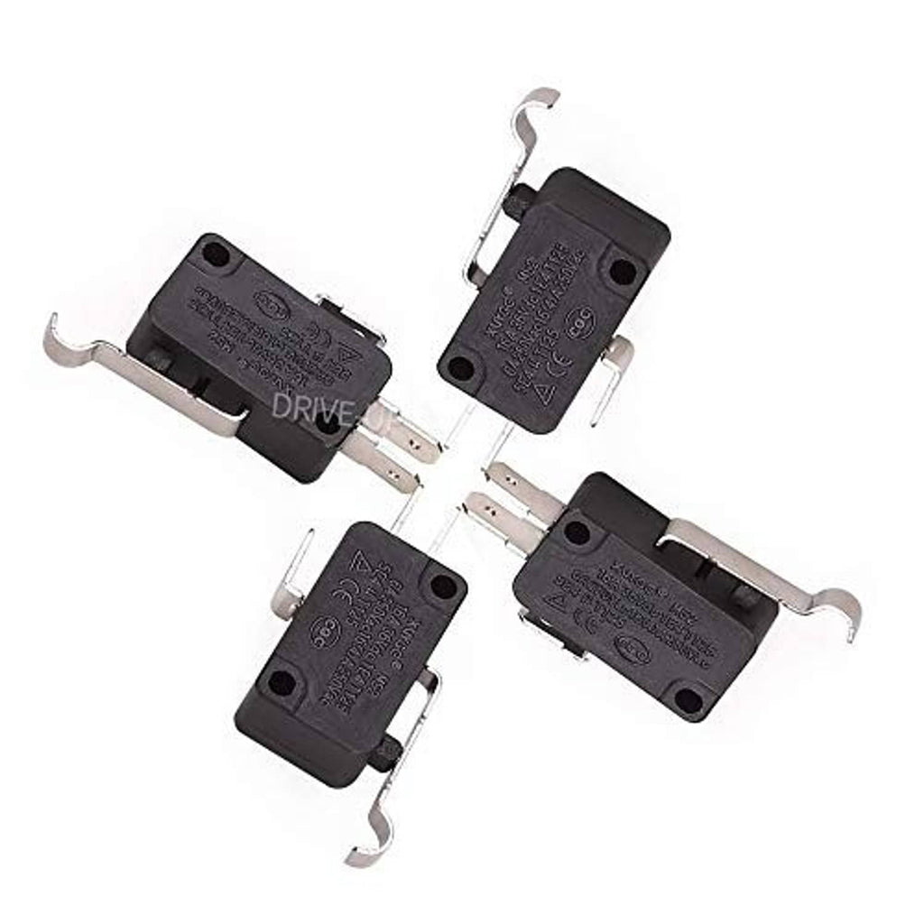 Four black micro switches with lever and metal prongs, multiple angles