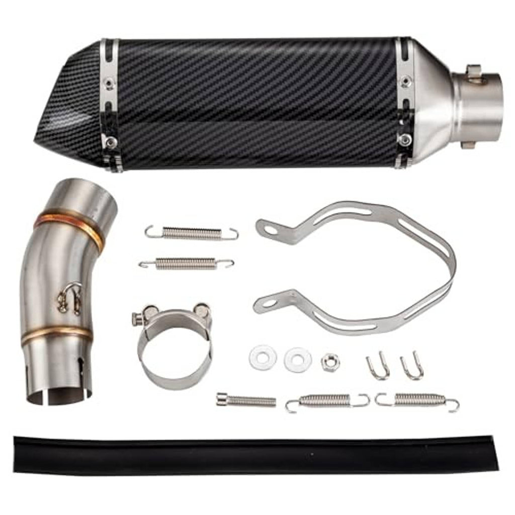 Motorcycle muffler mid pipe adapter kit with carbon-fiber style muffler and mounting hardware