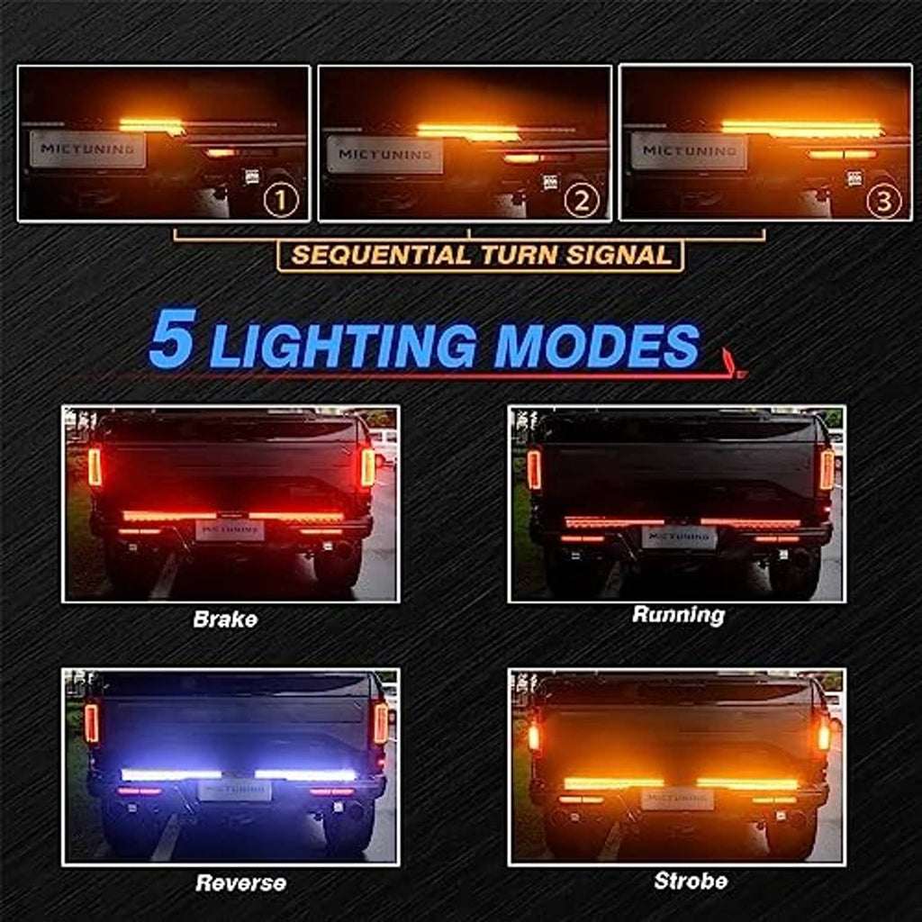 Tailgate LED light bar with sequential turn signal, brake, reverse, and strobe lighting