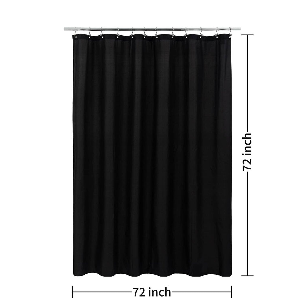 Black shower curtain size diagram: 72 in wide and 72 in long