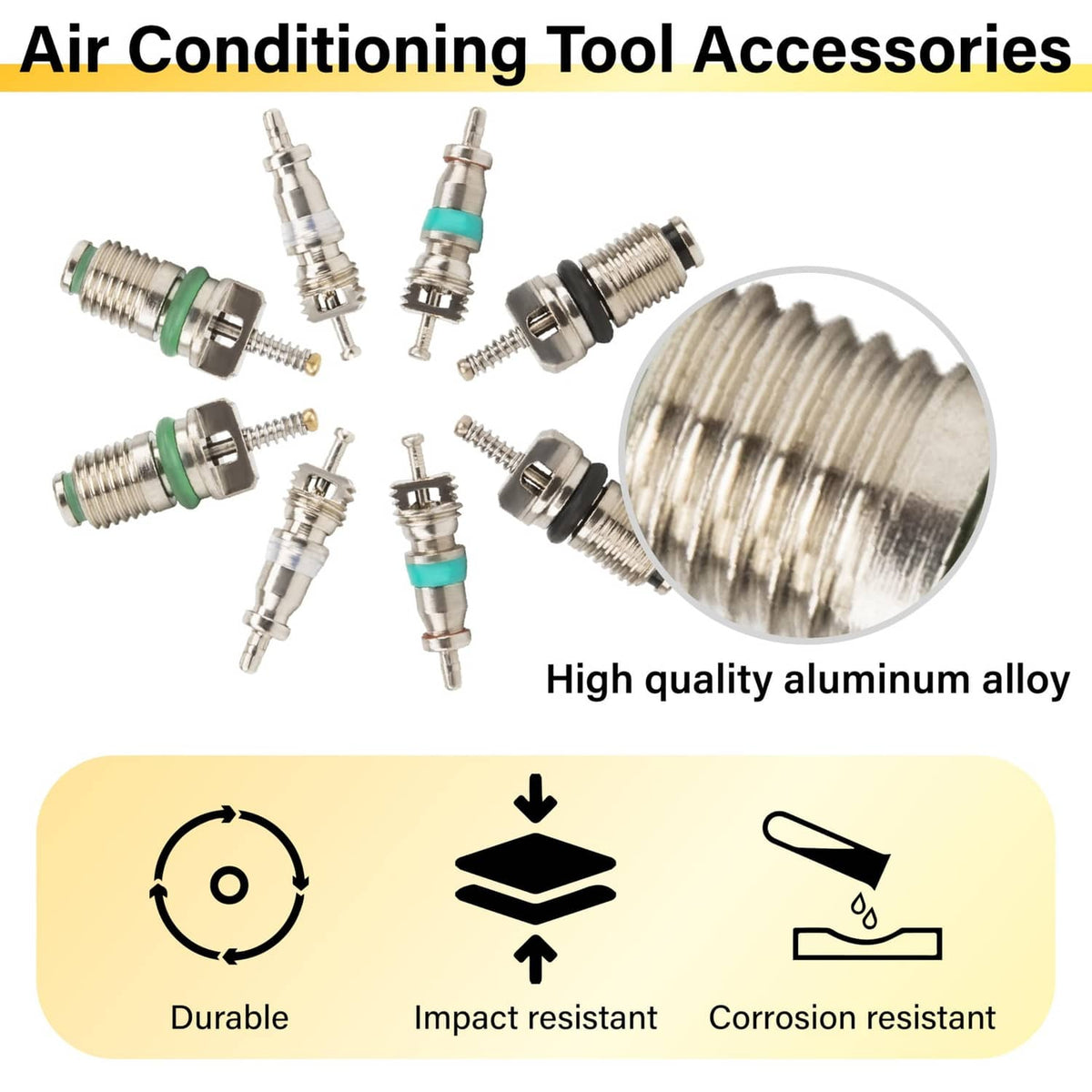 Air conditioning valve cores with green seal rings and metal Schrader stems