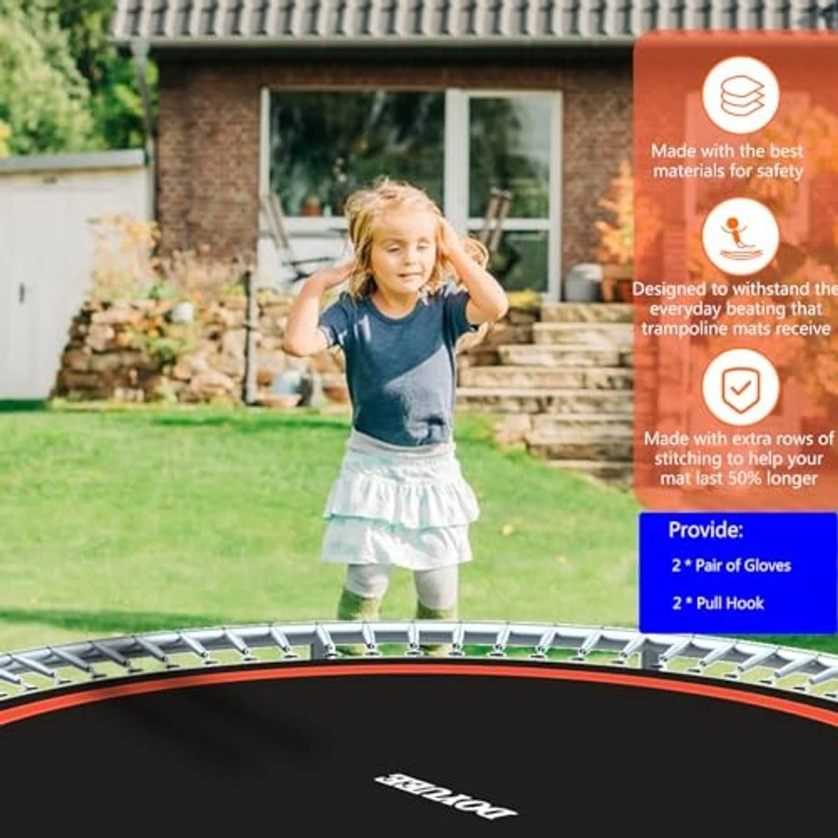 Black trampoline mat with orange edge trim and spring attachment points around the rim.