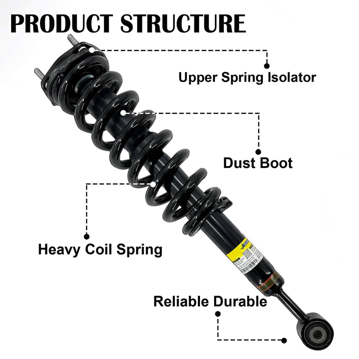 Coilover shock strut assembly with heavy coil spring, dust boot, and upper spring isolator
