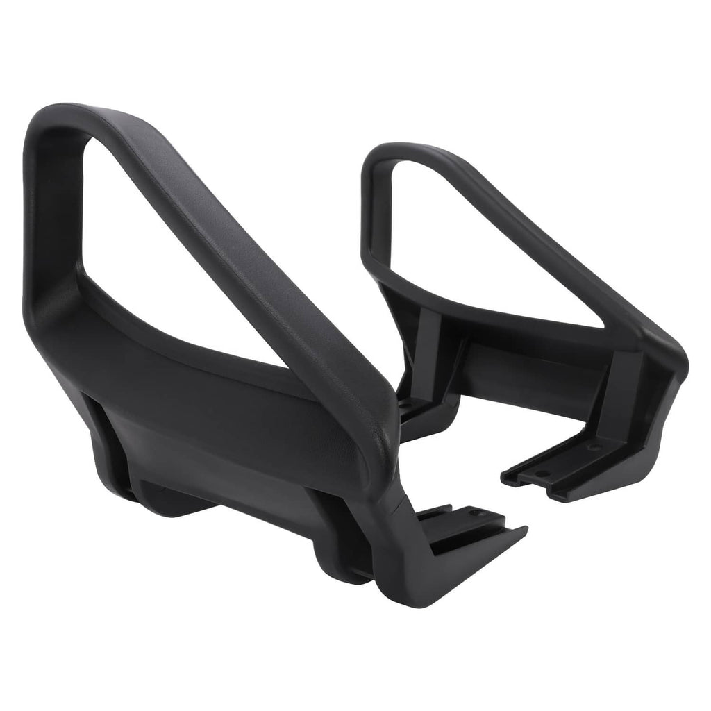 Black plastic golf cart seat armrest/hip restraint set, angled view