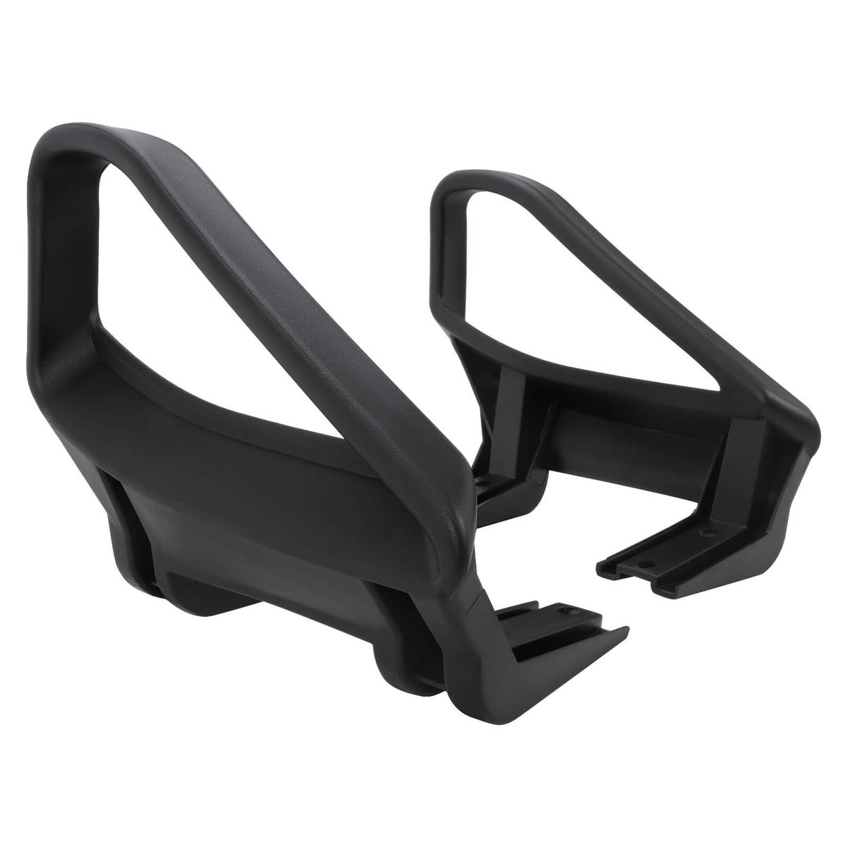 Black plastic golf cart seat armrest/hip restraint set, angled view