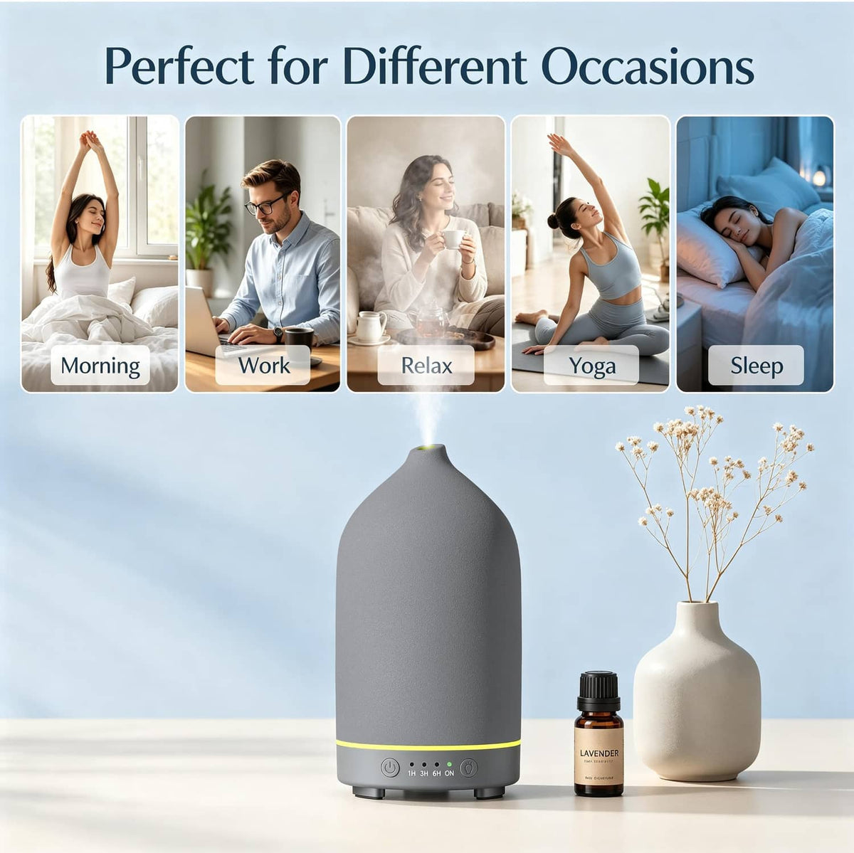 Grey ceramic essential oil diffuser on tabletop with oil bottle beside it