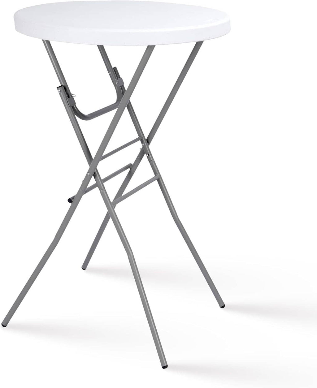 White round high-top folding cocktail table with gray steel X-frame legs