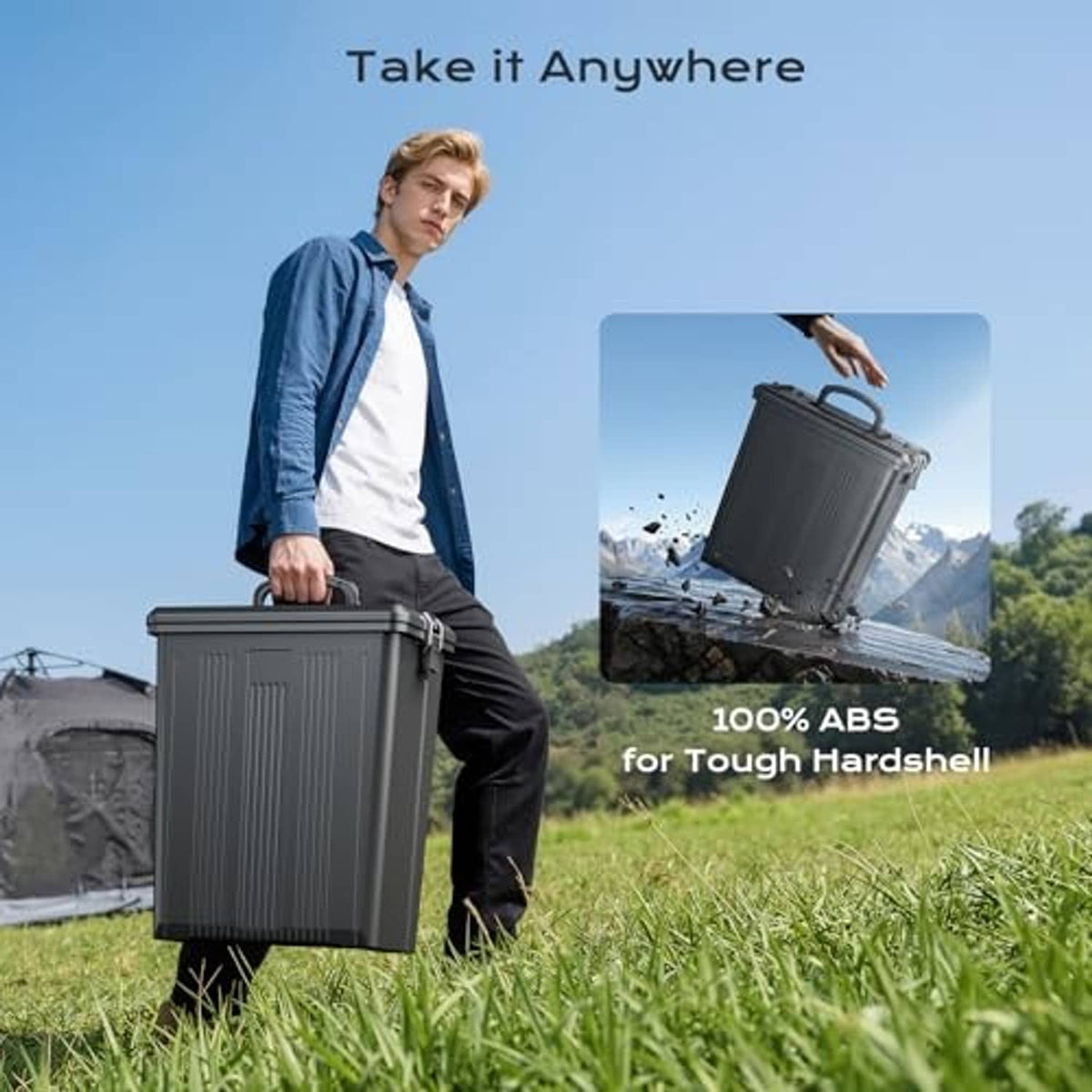 Portable misting water tank with durable gray body and adjustable tripod mist nozzles