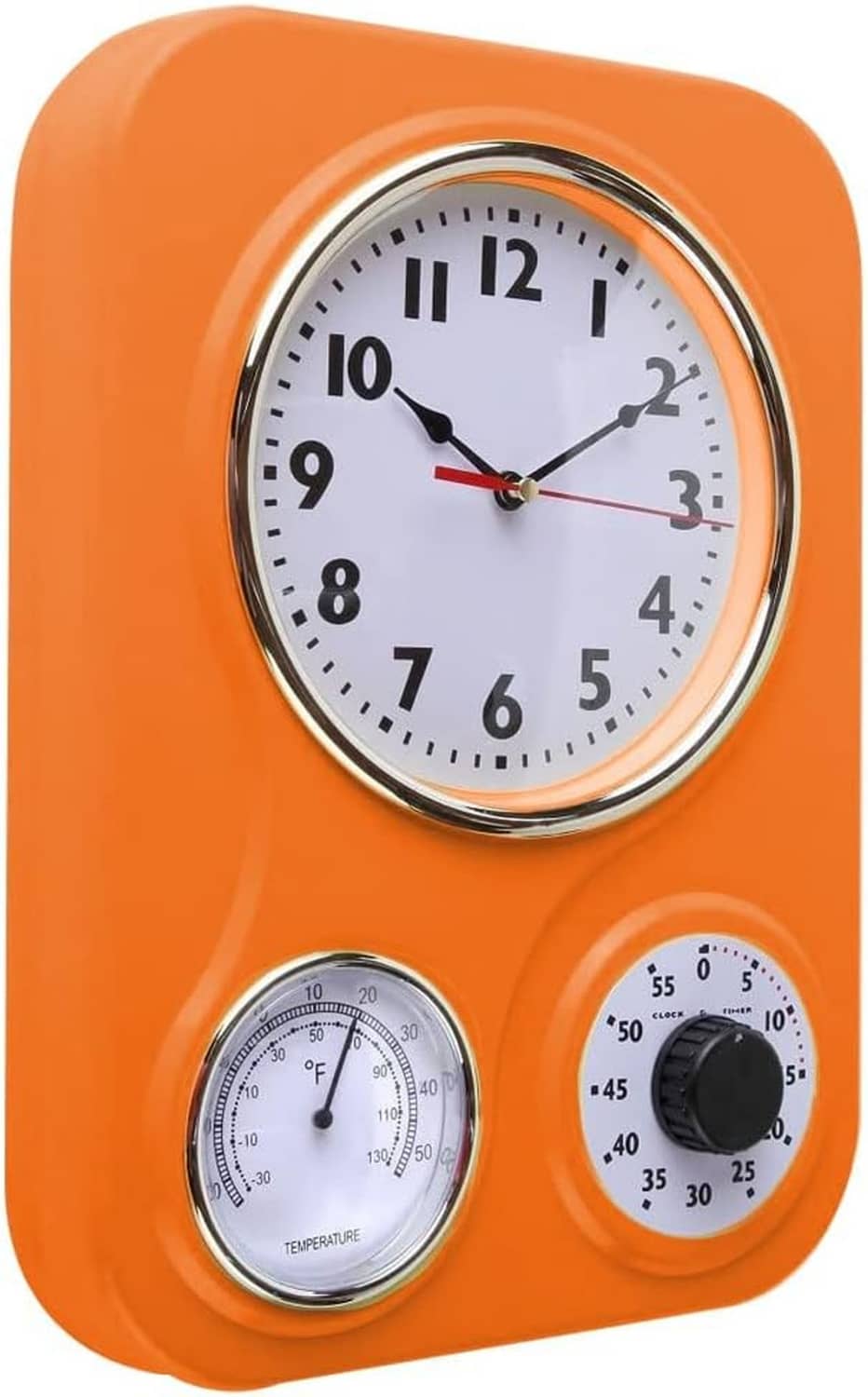 Orange retro kitchen wall clock showing analog time with thermometer and humidity dials