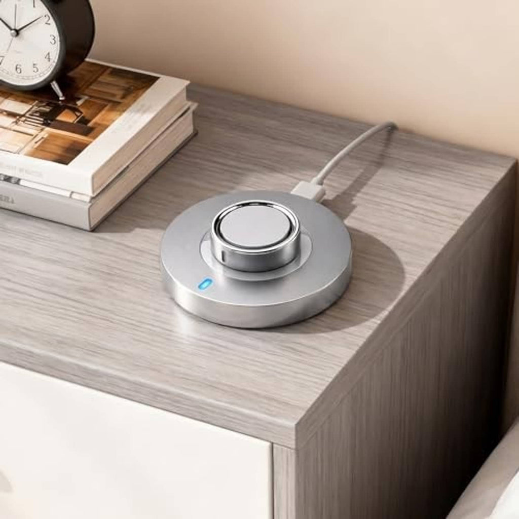 Smart ring charging dock with round base and USB-C cable, gray finish