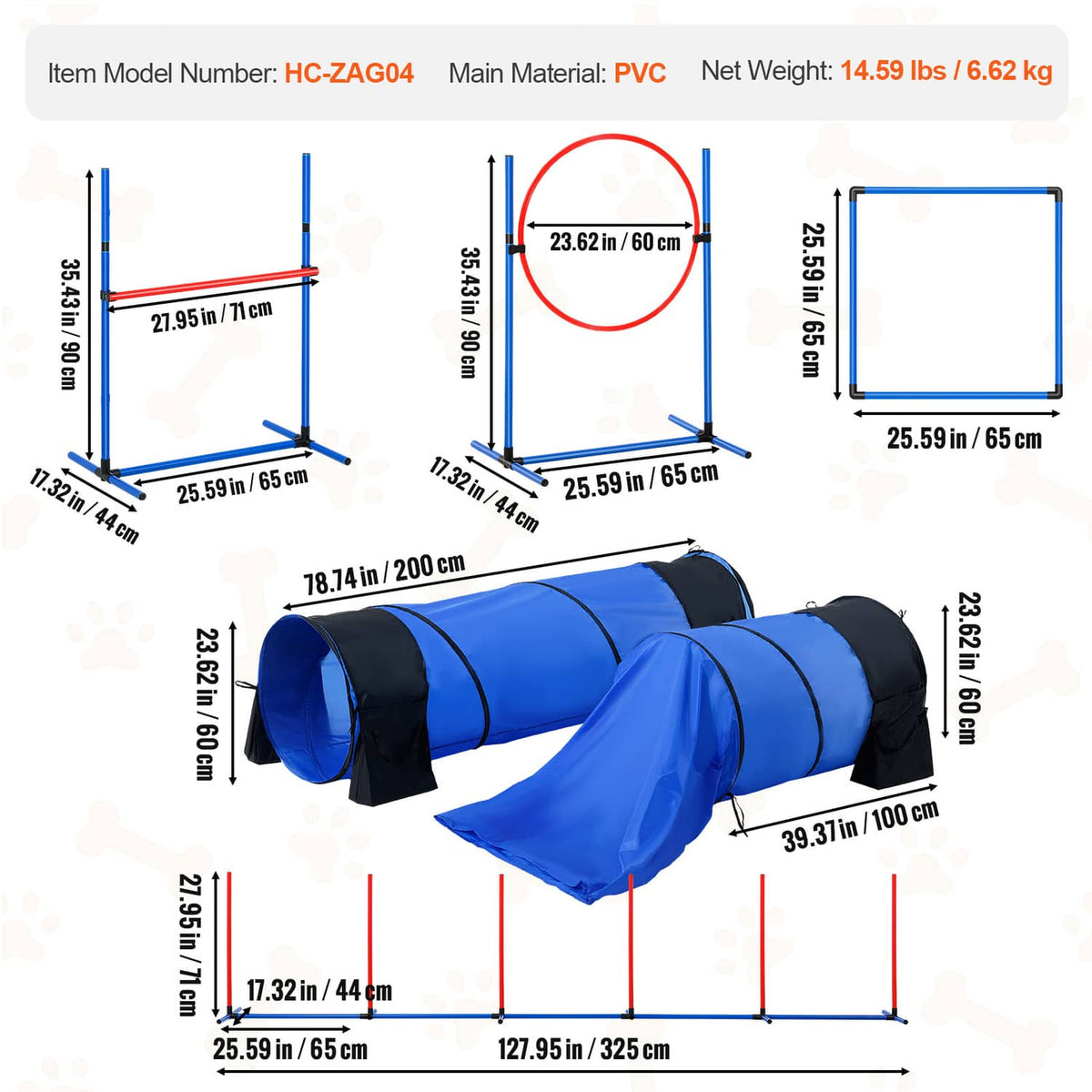 Blue and black tunnel and jump frame size diagram with hoop measurements