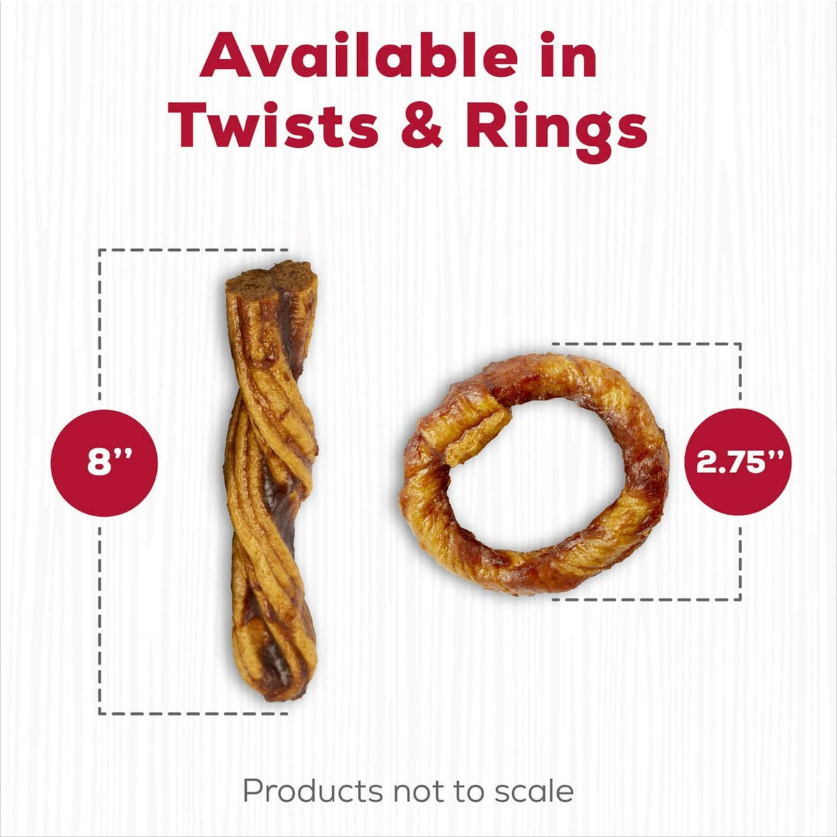 Rawhide-free dog chew twists and rings size chart with 8" and 2.75"